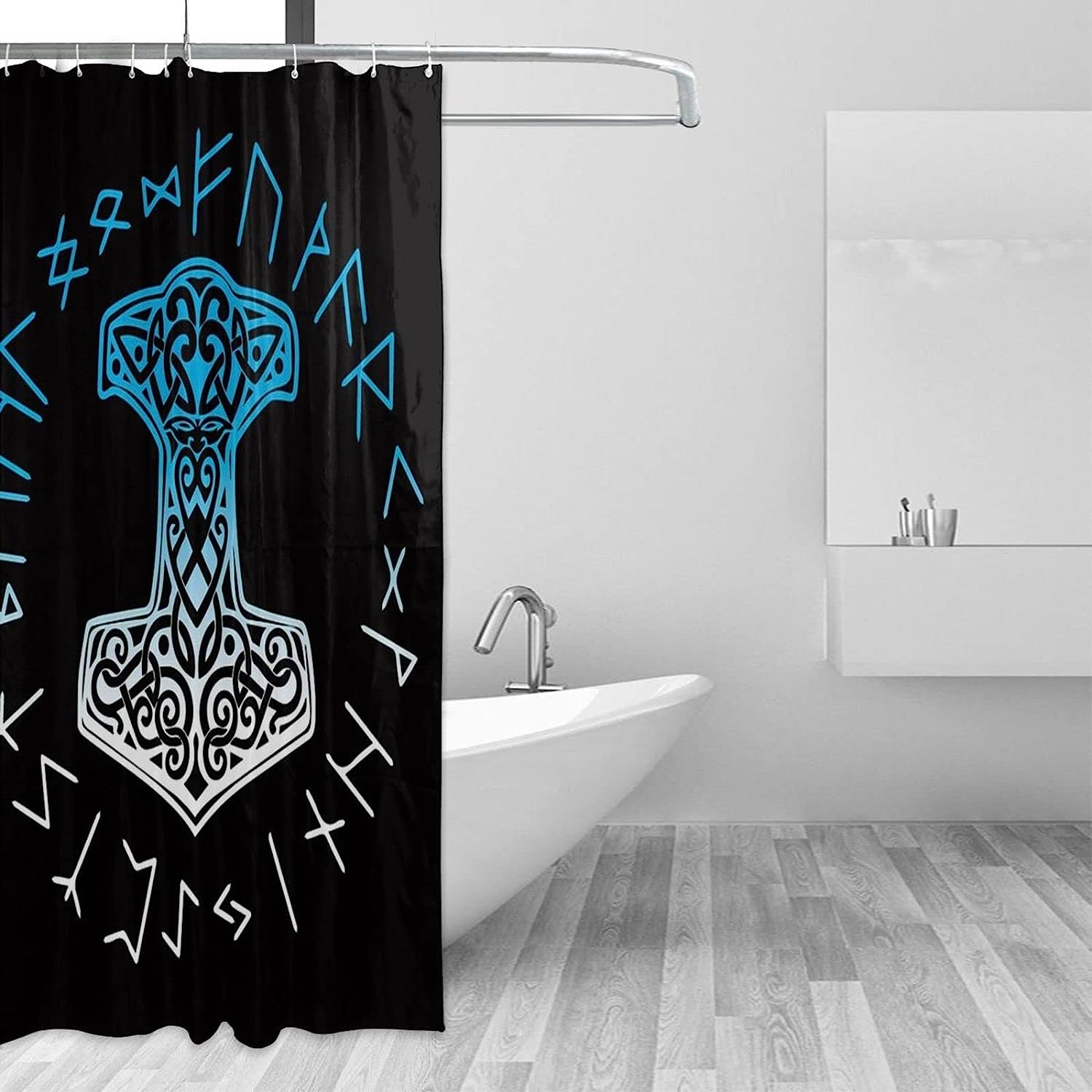 Mjolnir and Runes Norse Mythology Shower Curtain - High-quality Bathroom Decor