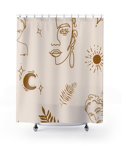 Modern Abstract Art Boho Shower Curtain With Cream Brown Female Moon Sun And Leaves Print