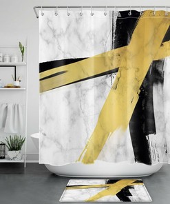 Modern Abstract Art Deco Shower Curtain With Gold Black Marble Geometric Design