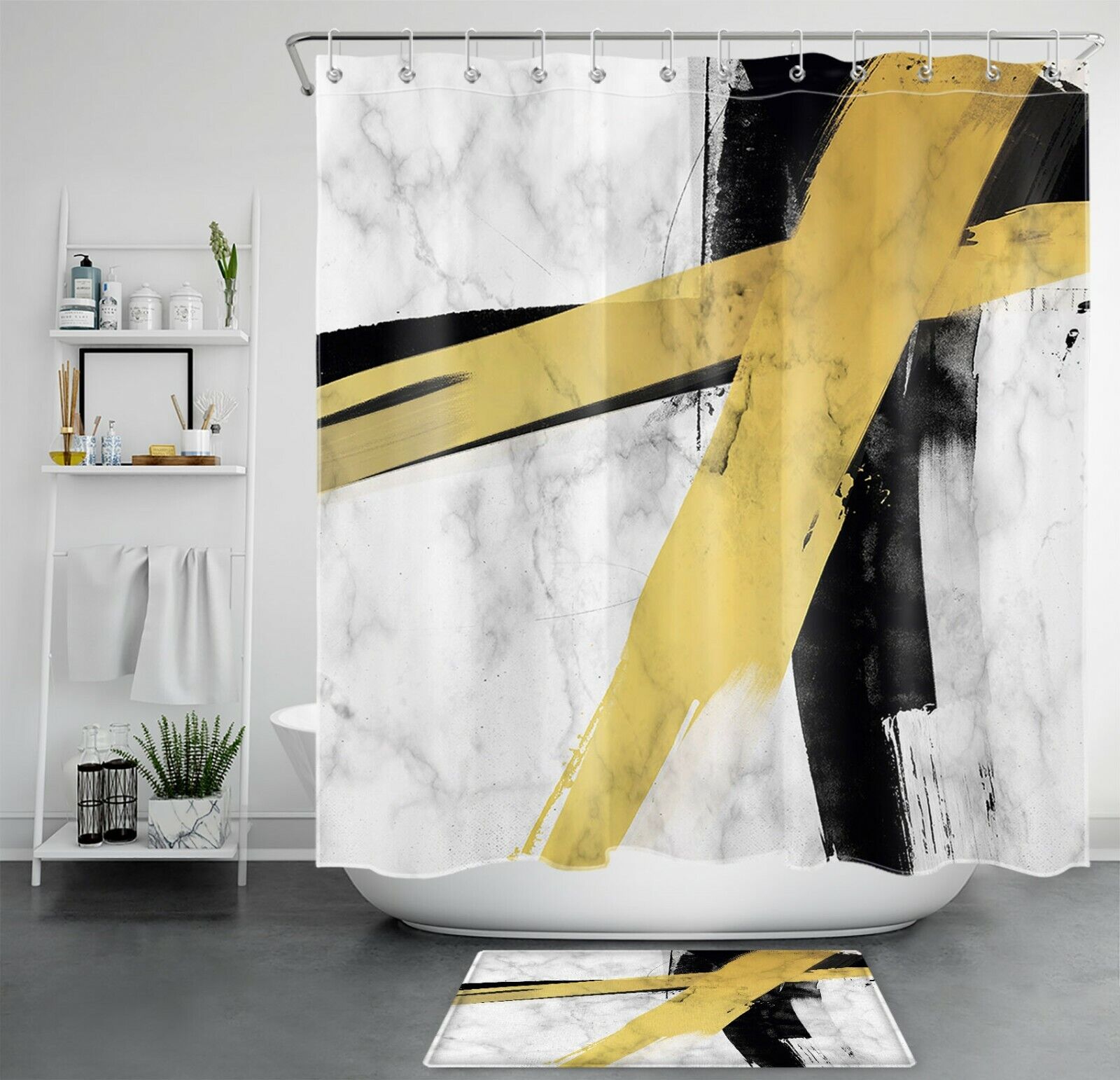 Modern Abstract Art Deco Shower Curtain With Gold Black Marble Geometric Design
