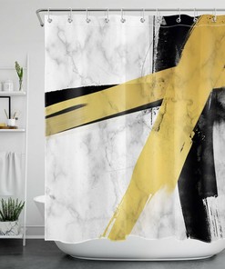 Modern Abstract Art Deco Shower Curtain With Gold Black Marble Geometric Design