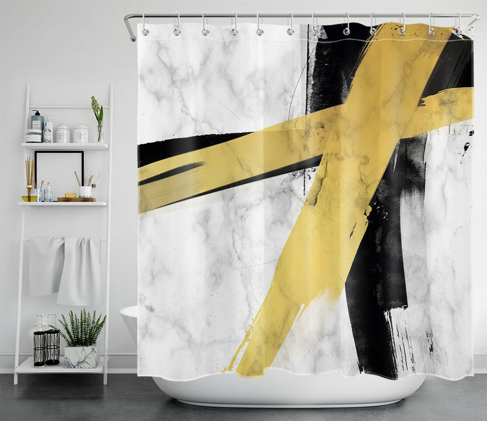 Modern Abstract Art Deco Shower Curtain With Gold Black Marble Geometric Design