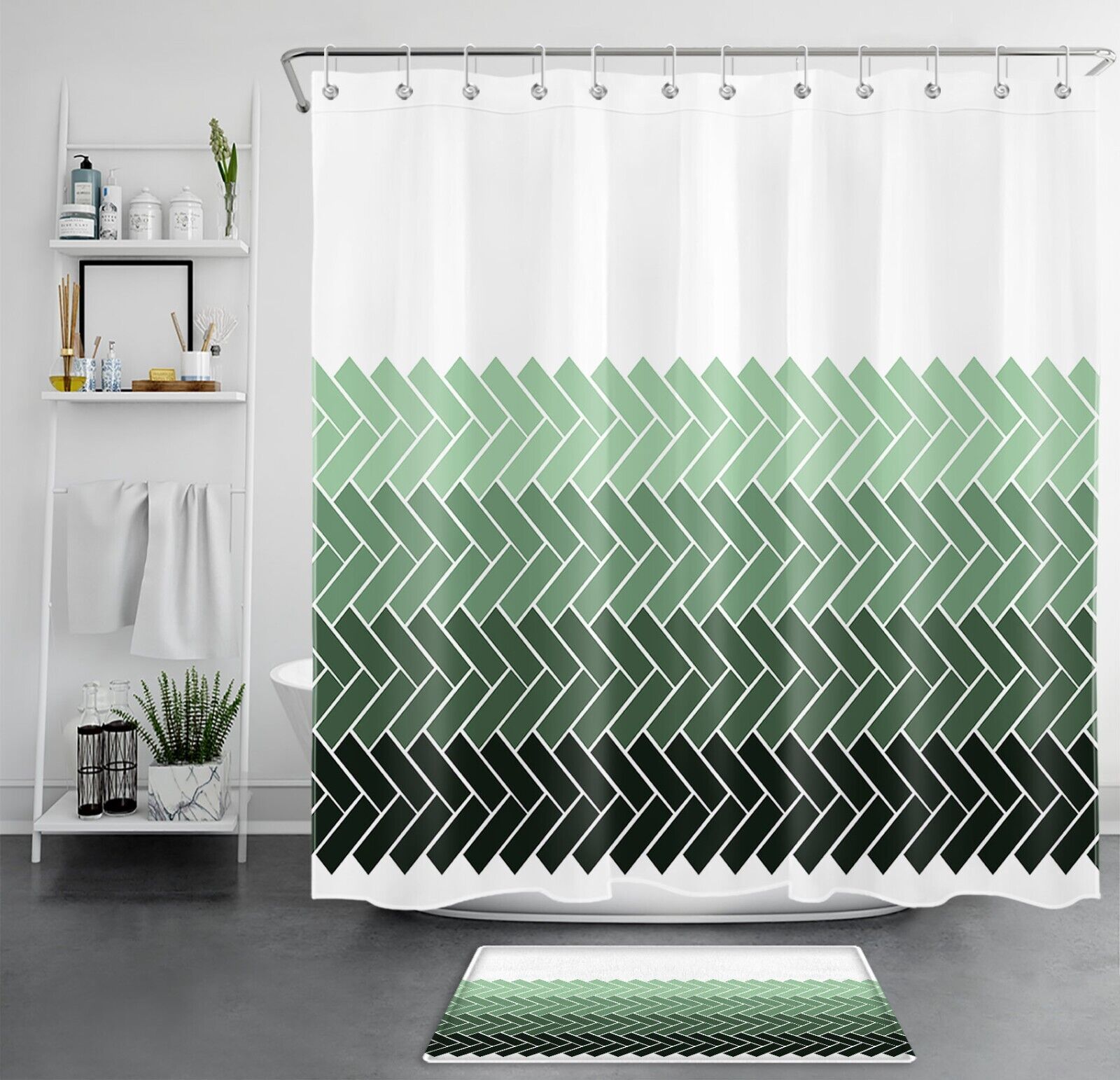 Modern Abstract Green Geometric Pattern Shower Curtain With Waterproof Fabric For Bathroom Decor