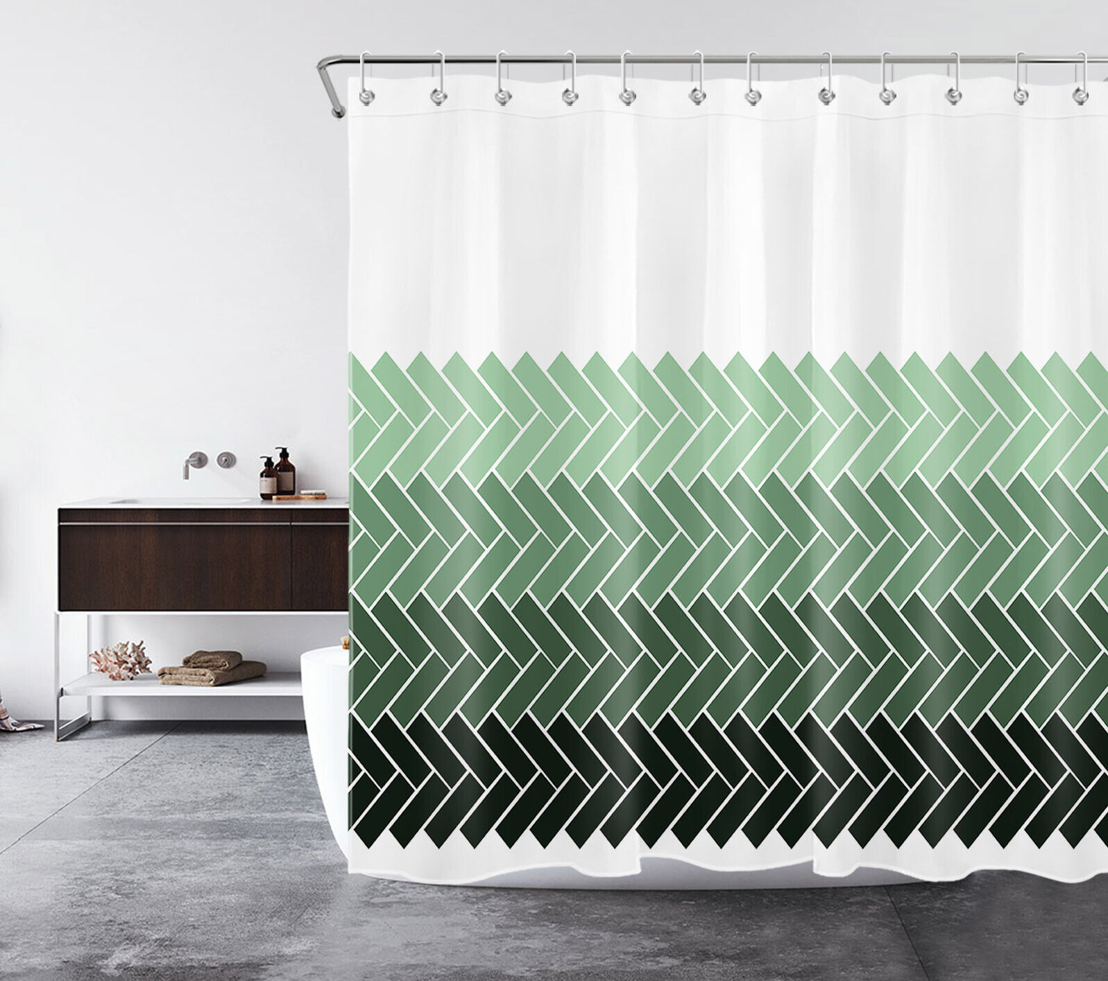 Modern Abstract Green Geometric Pattern Shower Curtain With Waterproof Fabric For Bathroom Decor