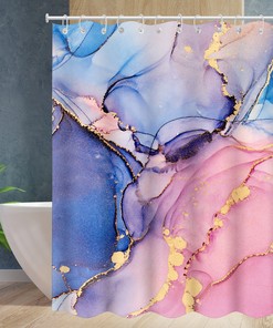 Modern Abstract Marble Shower Curtain with Red, Blue and Golden Pink Colors, Waterproof and Geometric Design