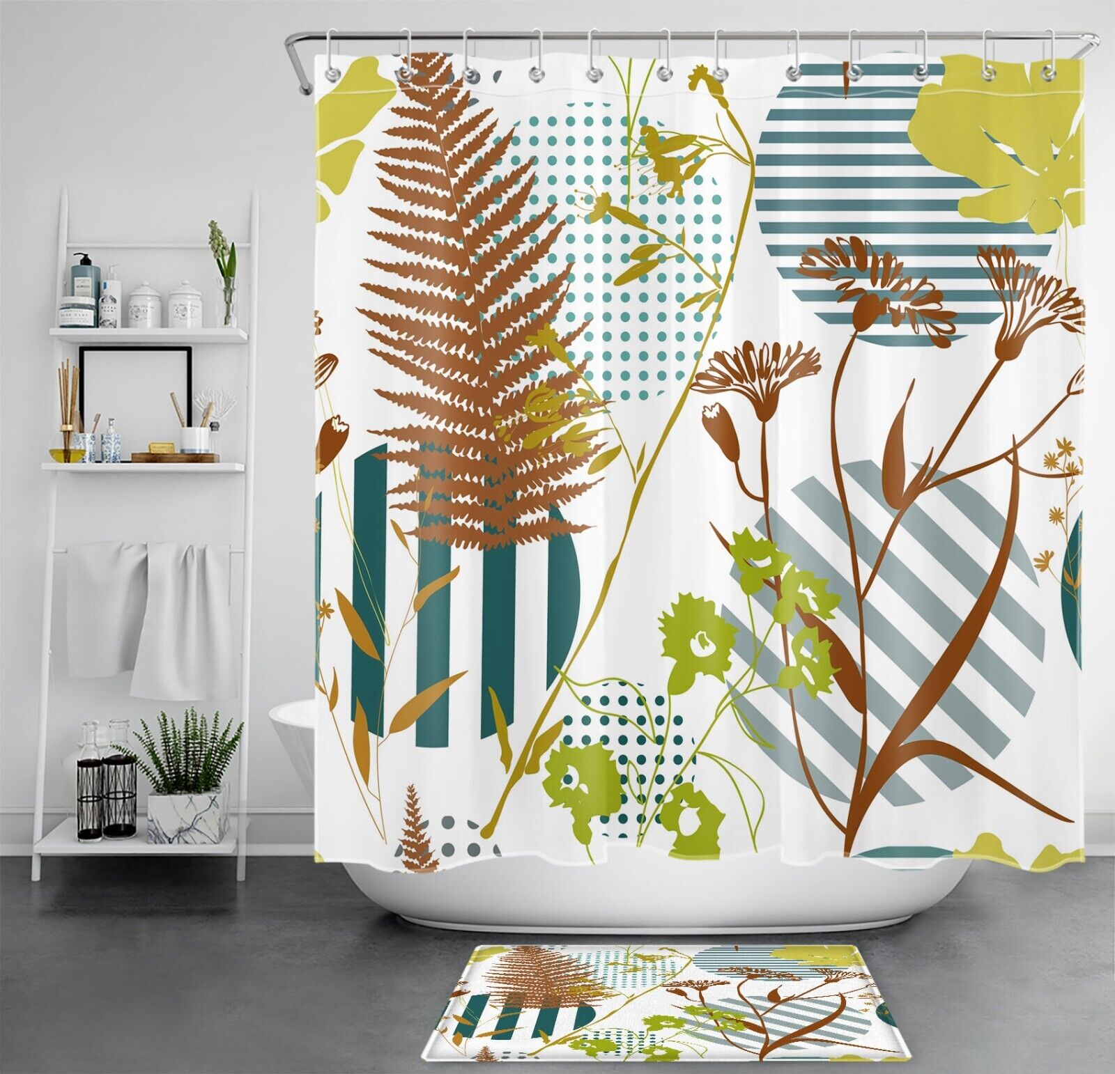 Modern Abstract Shower Curtain with Geometric Plant Design, Perfect for an Artistic Bathroom Look
