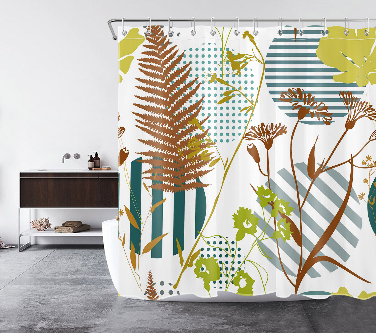 Modern Abstract Shower Curtain with Geometric Plant Design, Perfect for an Artistic Bathroom Look