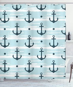 Modern Adventurous Striped Coastline Marine Anchor Shower Curtain - Cloth Fabric Bathroom Decors In Pale Blue