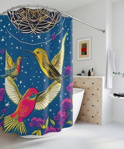 Modern Ai Art Cosmic Humming Birds Print Shower Curtain For Contemporary Bathroom Decor