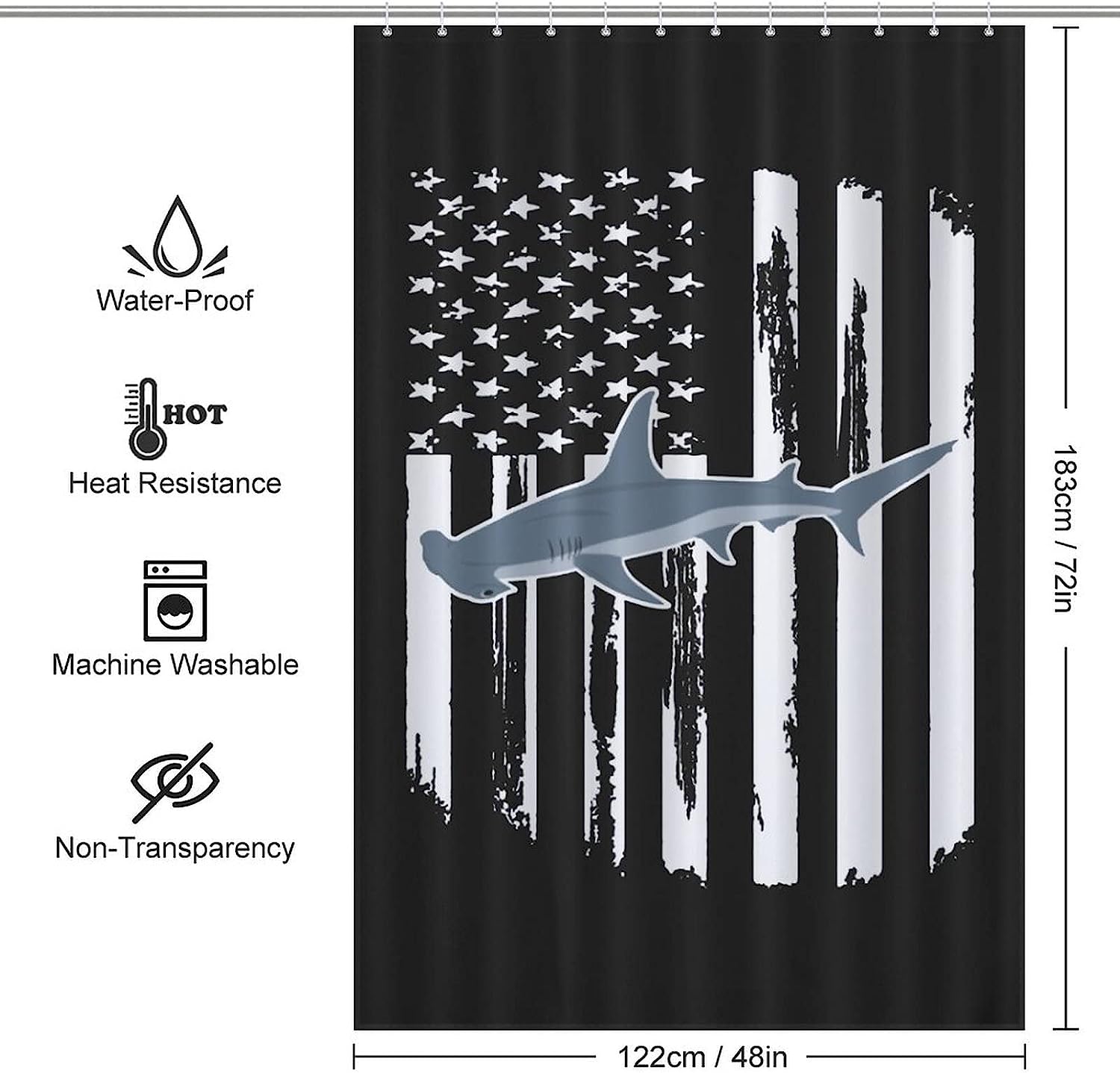 Modern American Flag Hammerhead Shark Funny Waterproof Shower Curtain Resistant Fabric Bathroom Decorations - Image 2