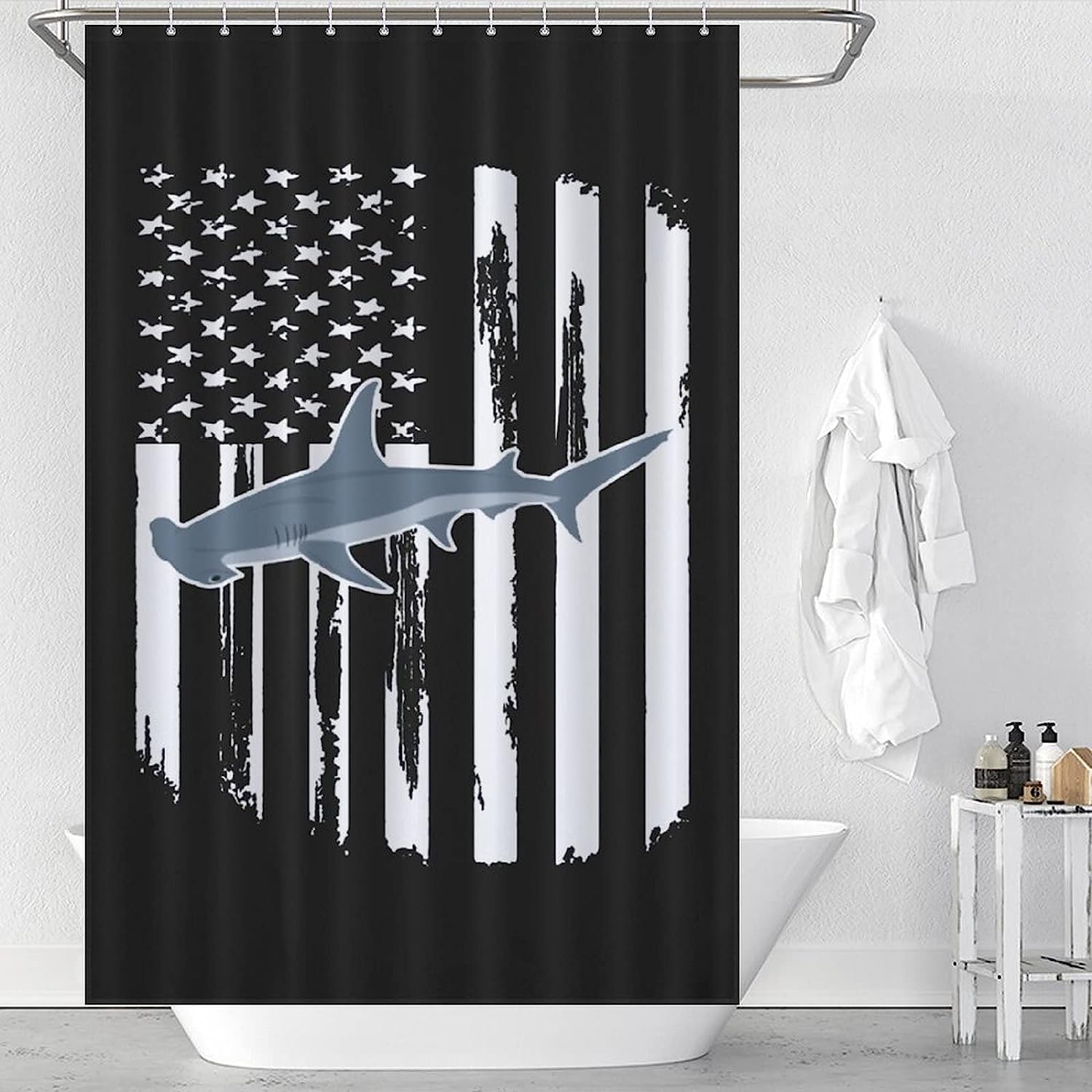 Modern American Flag Hammerhead Shark Funny Waterproof Shower Curtain Resistant Fabric Bathroom Decorations - Image 3
