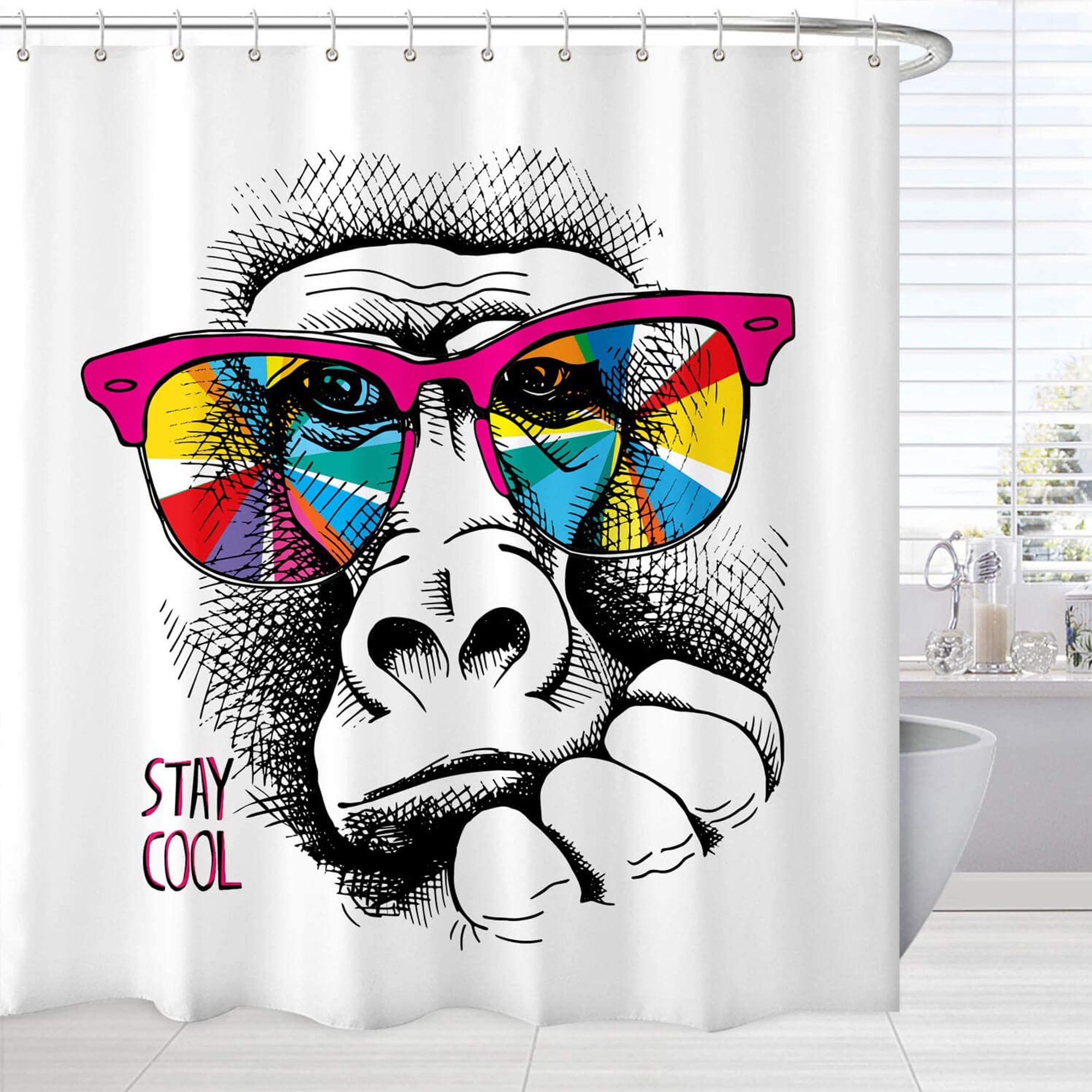 Modern And Cute Fashion Shower Curtain With Gorilla Animal Print And Stay Cool Quote