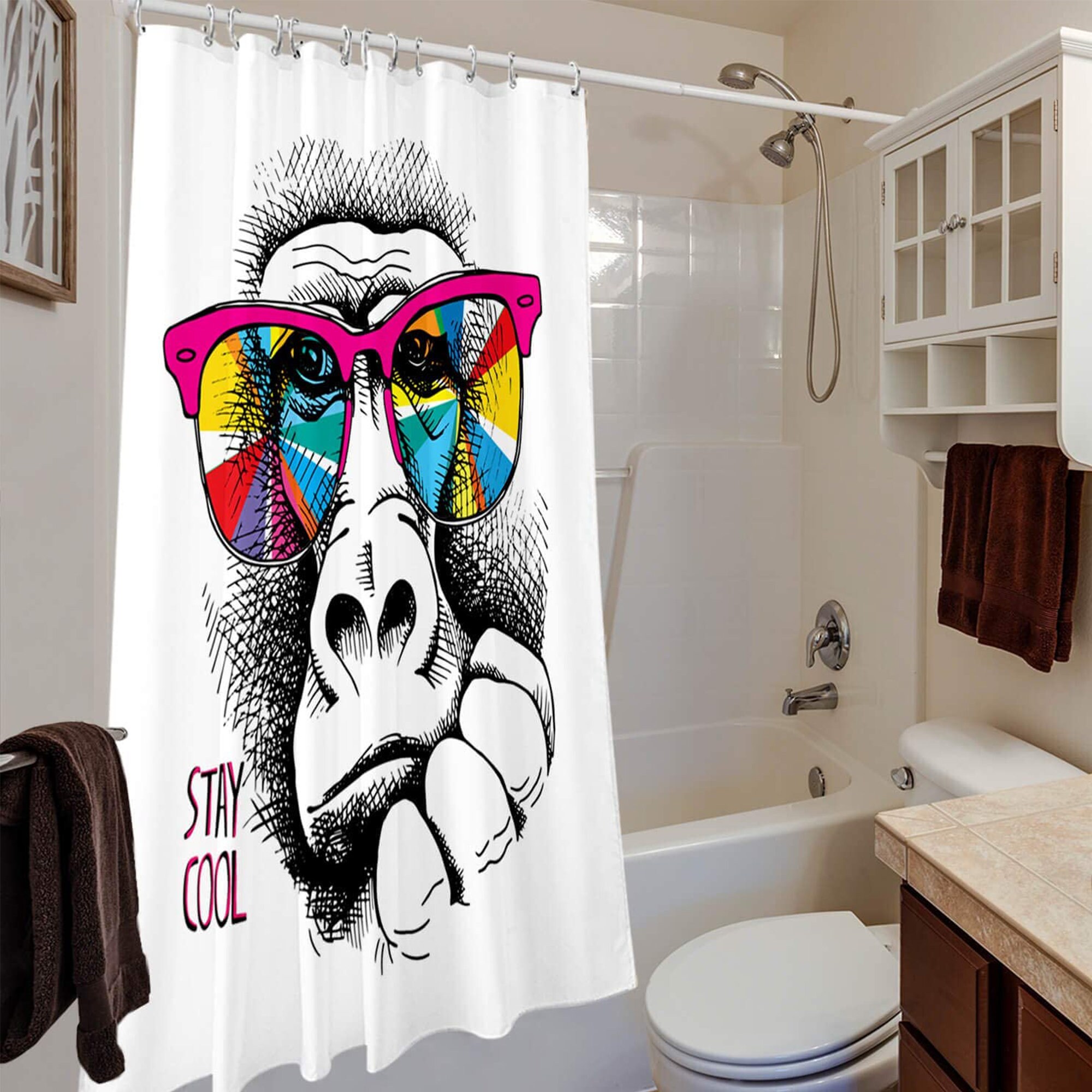 Modern And Cute Fashion Shower Curtain With Gorilla Animal Print And Stay Cool Quote