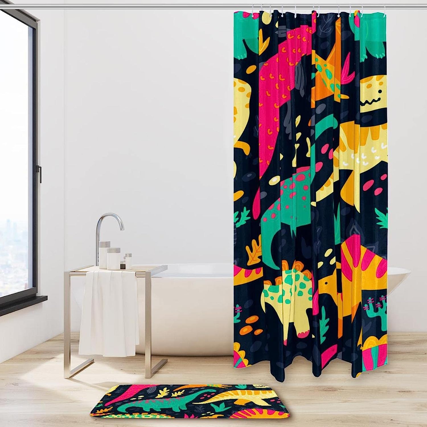 Modern And Quirky Dinosaur Pattern Shower Curtain For A Stylish And Fun Bathroom Look - Image 2