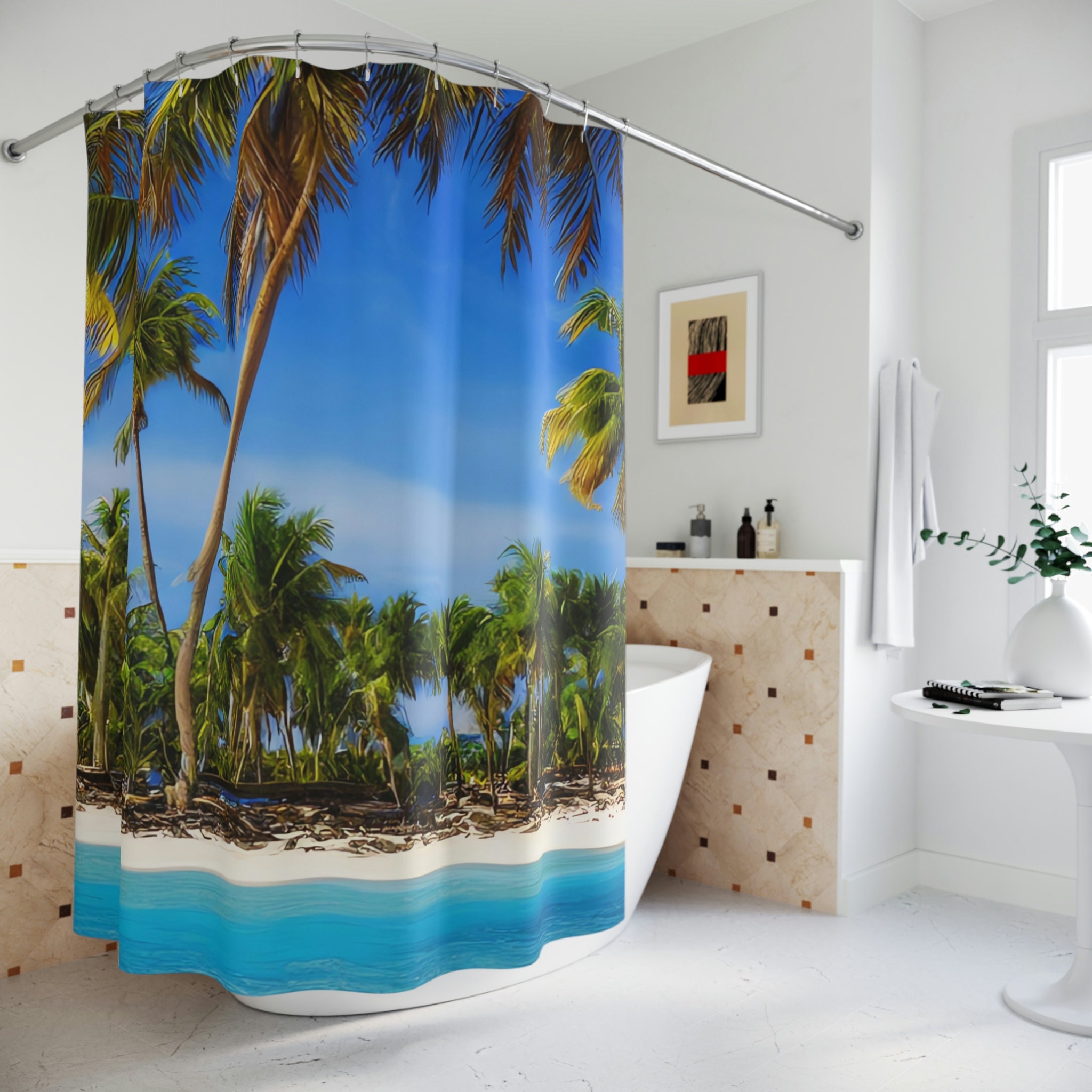 Modern Art Beach Shower Curtain With Sandy Beach Print For A Sleek Bathroom