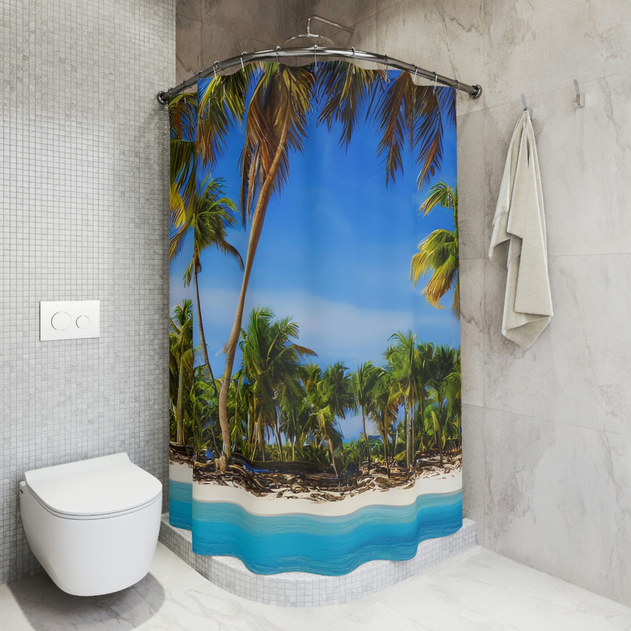 Modern Art Beach Shower Curtain With Sandy Beach Print For A Sleek Bathroom - Image 4