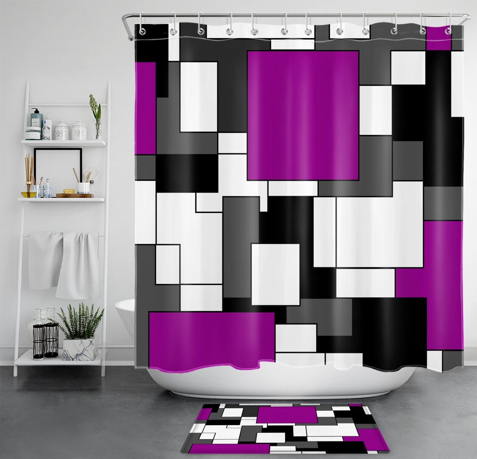 Modern Art Dark Purple Geometric Pattern Shower Curtain For Bathroom Decor