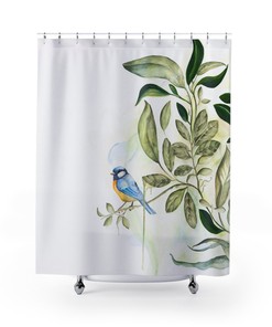 Modern Art Farmhouse Shower Curtain With Bird Print For Boho Bathroom Decor