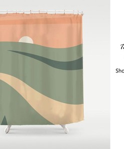 Modern Art Green Field With Orange Sky Sunrise Shower Curtain, Extra Heavy Quality Waterproof Fabric For Bathroom Decor