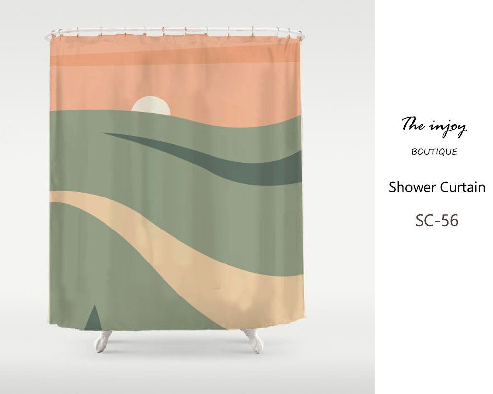 Modern Art Green Field With Orange Sky Sunrise Shower Curtain, Extra Heavy Quality Waterproof Fabric For Bathroom Decor
