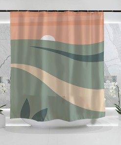 Modern Art Green Field With Orange Sky Sunrise Shower Curtain, Extra Heavy Quality Waterproof Fabric For Bathroom Decor