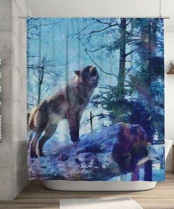 Modern Art Wolf Shower Curtain, Wild Grey Snarling Wolf in Forest, Bathtub Decorative Fabric