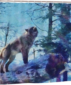 Modern Art Wolf Shower Curtain, Wild Grey Snarling Wolf in Forest, Bathtub Decorative Fabric