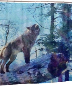 Modern Art Wolf Shower Curtain, Wild Grey Snarling Wolf in Forest, Bathtub Decorative Fabric