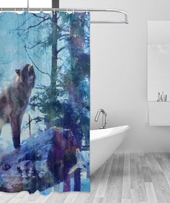 Modern Art Wolf Shower Curtain, Wild Grey Snarling Wolf in Forest, Bathtub Decorative Fabric