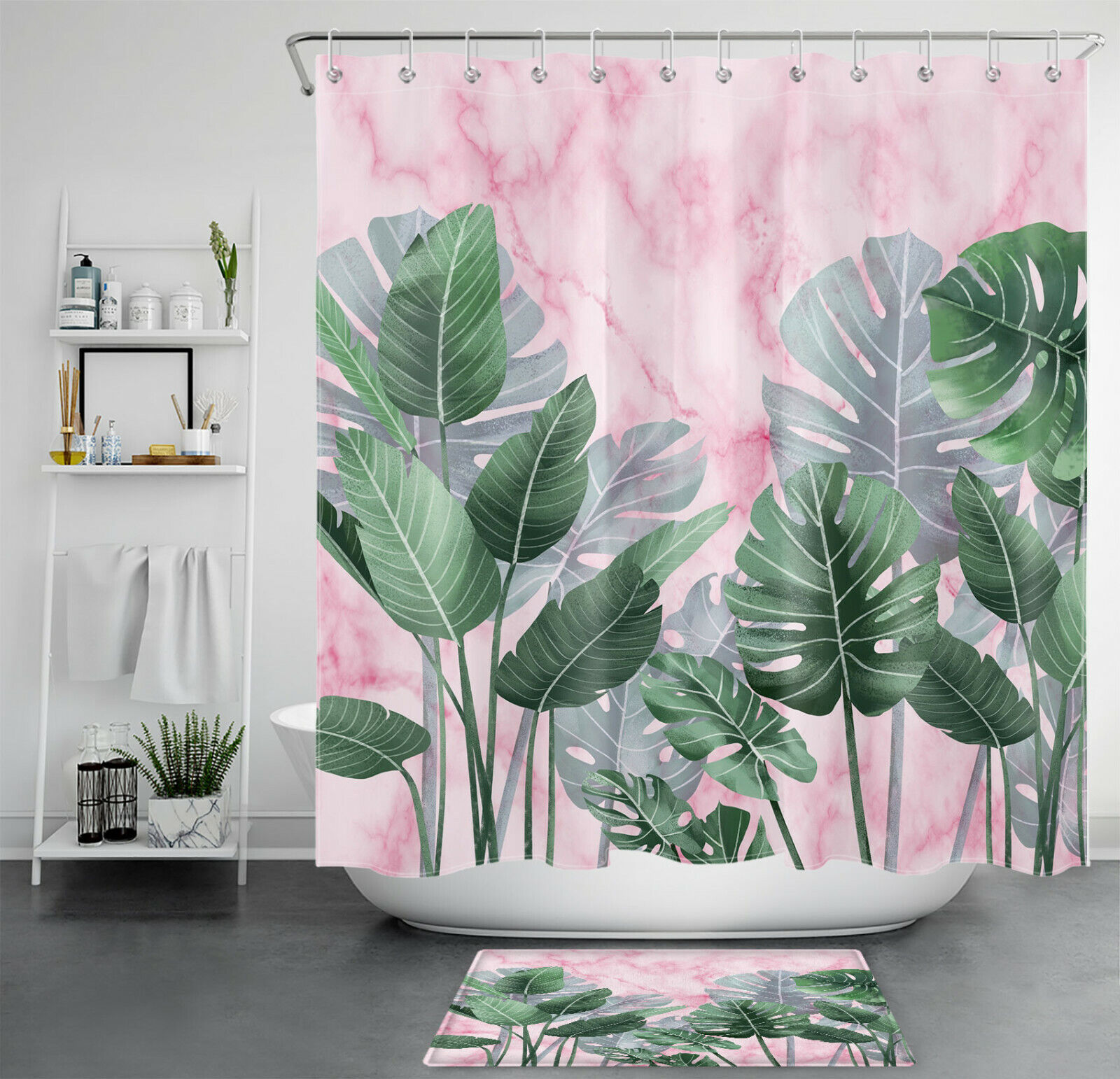 Modern Artistic Pink Marble Abstract Art Tropical Banana Leaf Shower Curtain