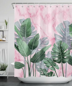 Modern Artistic Pink Marble Abstract Art Tropical Banana Leaf Shower Curtain
