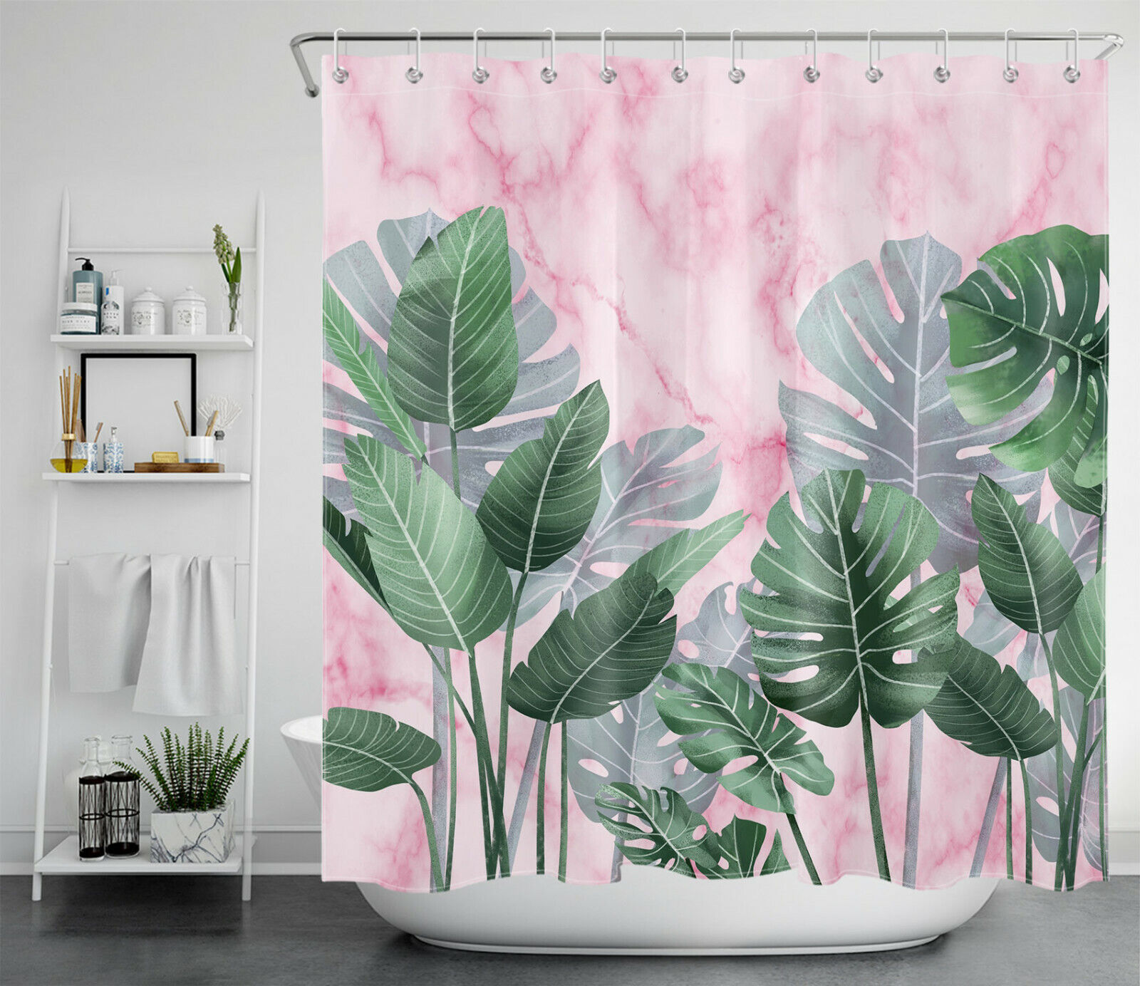 Modern Artistic Pink Marble Abstract Art Tropical Banana Leaf Shower Curtain