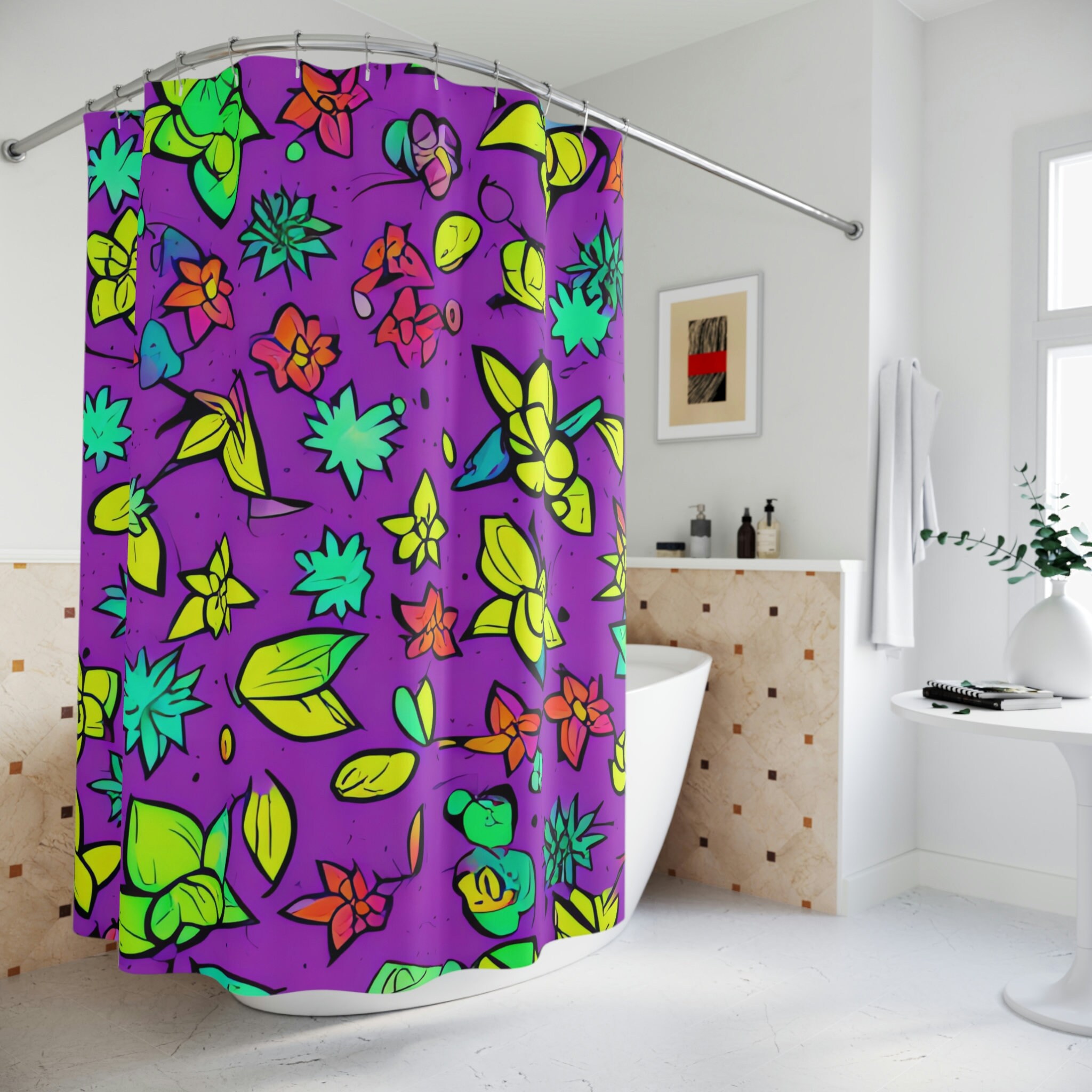 Modern Bathroom Decor Botanical Shower Curtain, Abstract Art with Succulent AI Art Print