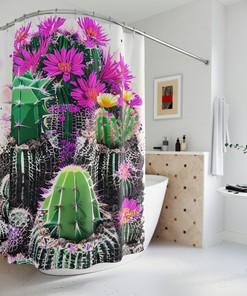 Modern Bathroom Decor With Cactus & Flowers Shower Curtain Ai Art Print - Abstract Art Design And Desert Shower Curtain