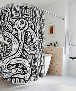 Modern Bathroom Decor With Kids Shower Curtain Featuring Black And White Octopus Illustration Ai Art Design Print