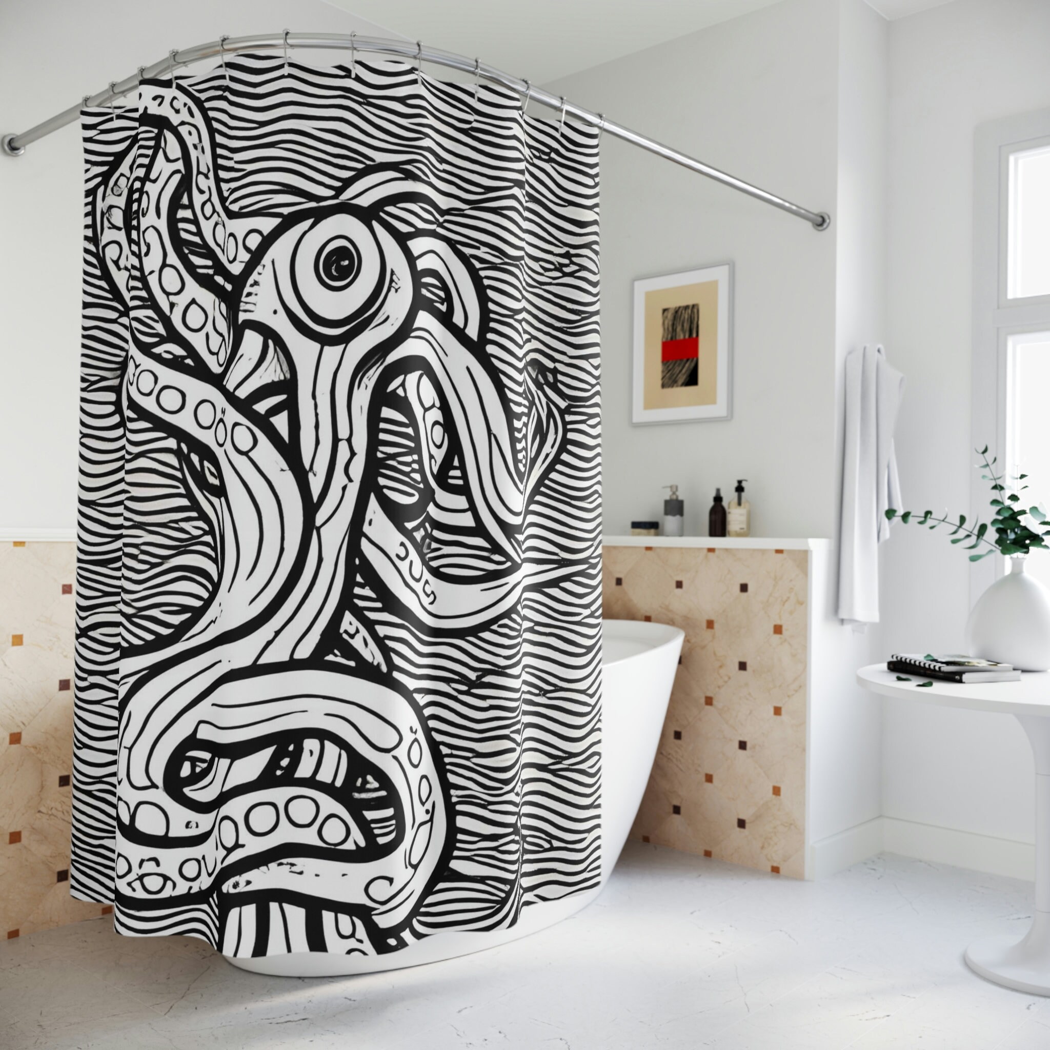 Modern Bathroom Decor With Kids Shower Curtain Featuring Black And White Octopus Illustration Ai Art Design Print