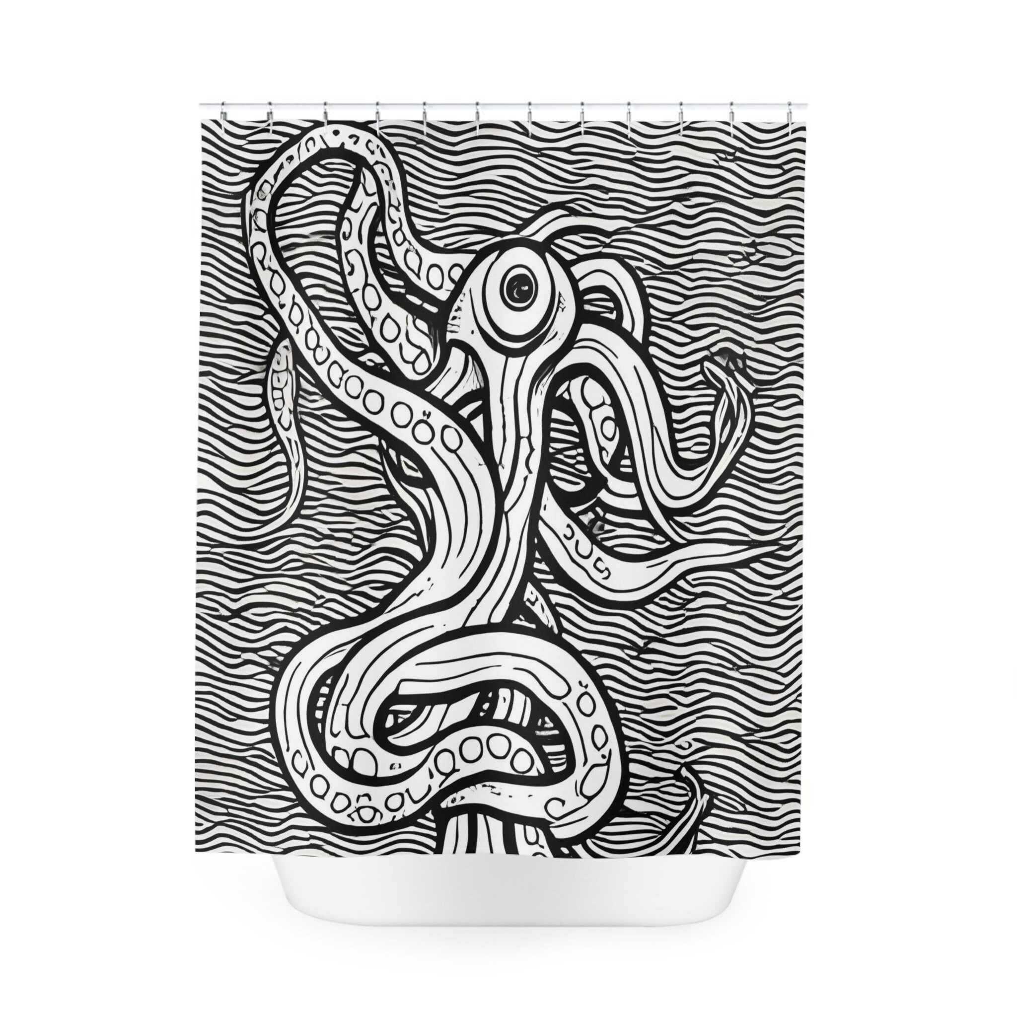 Modern Bathroom Decor With Kids Shower Curtain Featuring Black And White Octopus Illustration Ai Art Design Print - Image 2