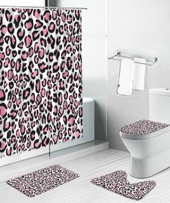 Modern Bathroom Interiors With Pink Black Leopard Pattern Shower Curtain And Accessories