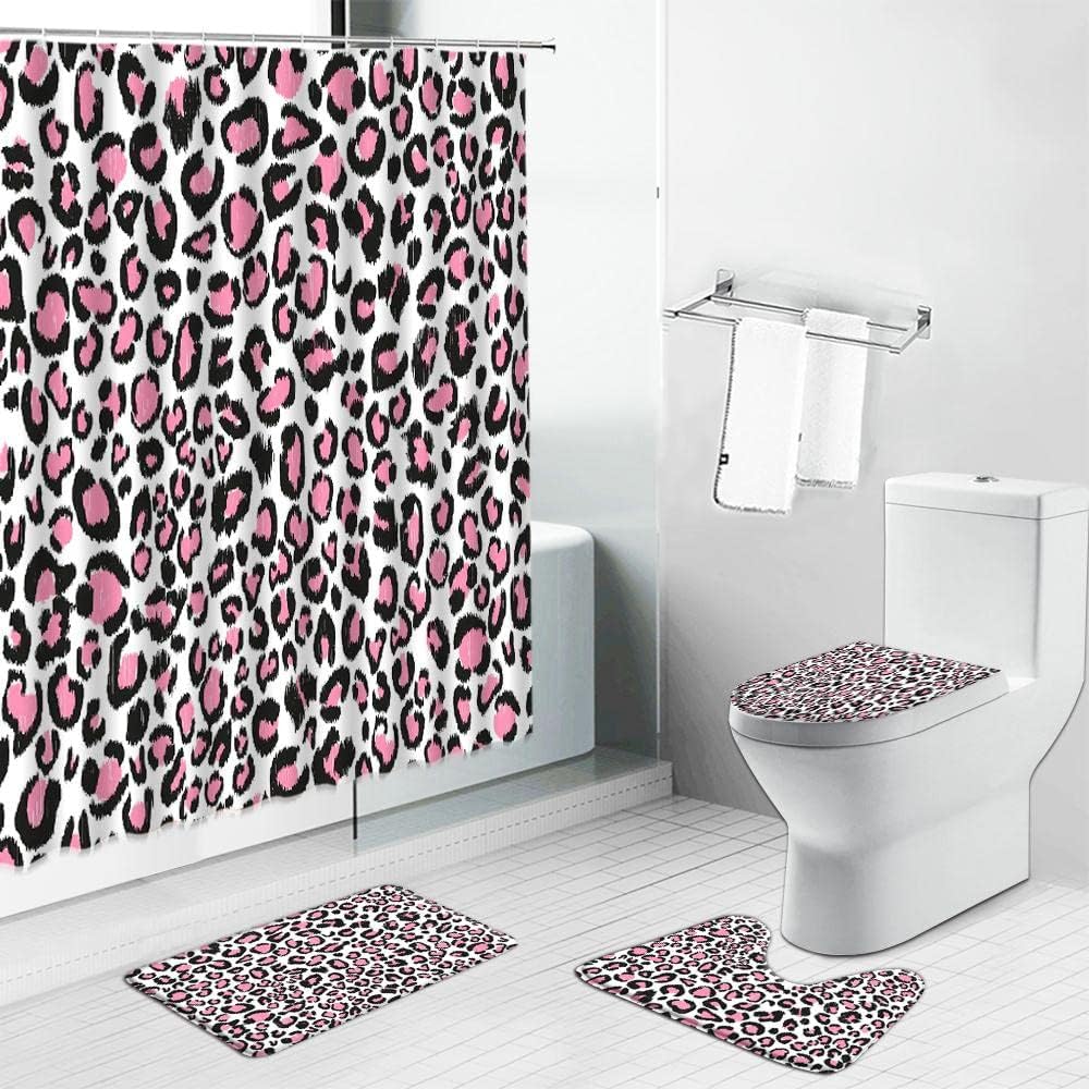 Modern Bathroom Interiors With Pink Black Leopard Pattern Shower Curtain And Accessories