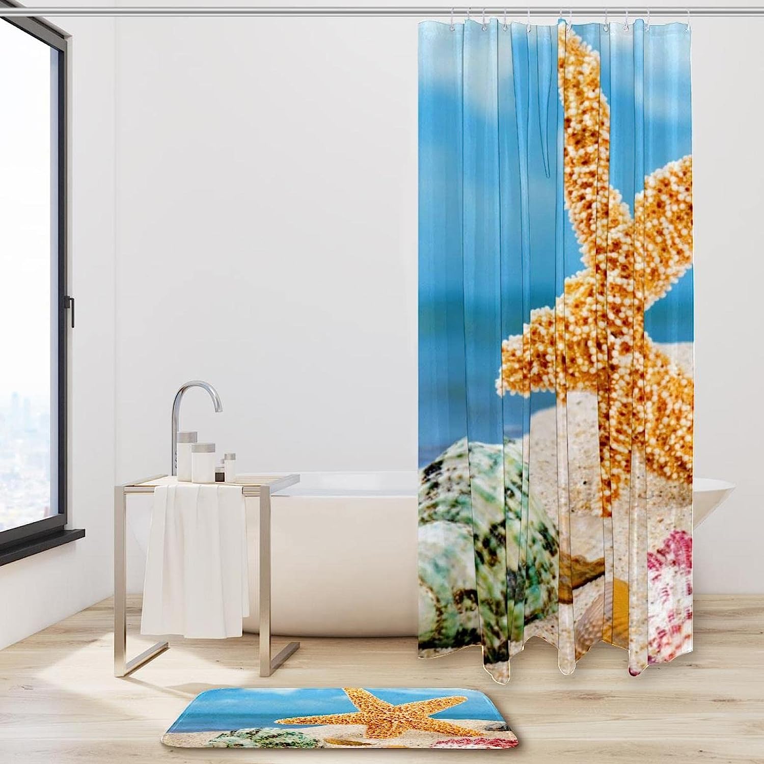 Modern Beach Starfish Seashell Shower Curtain With Ocean Vibes For A Sleek Bathroom - Image 2