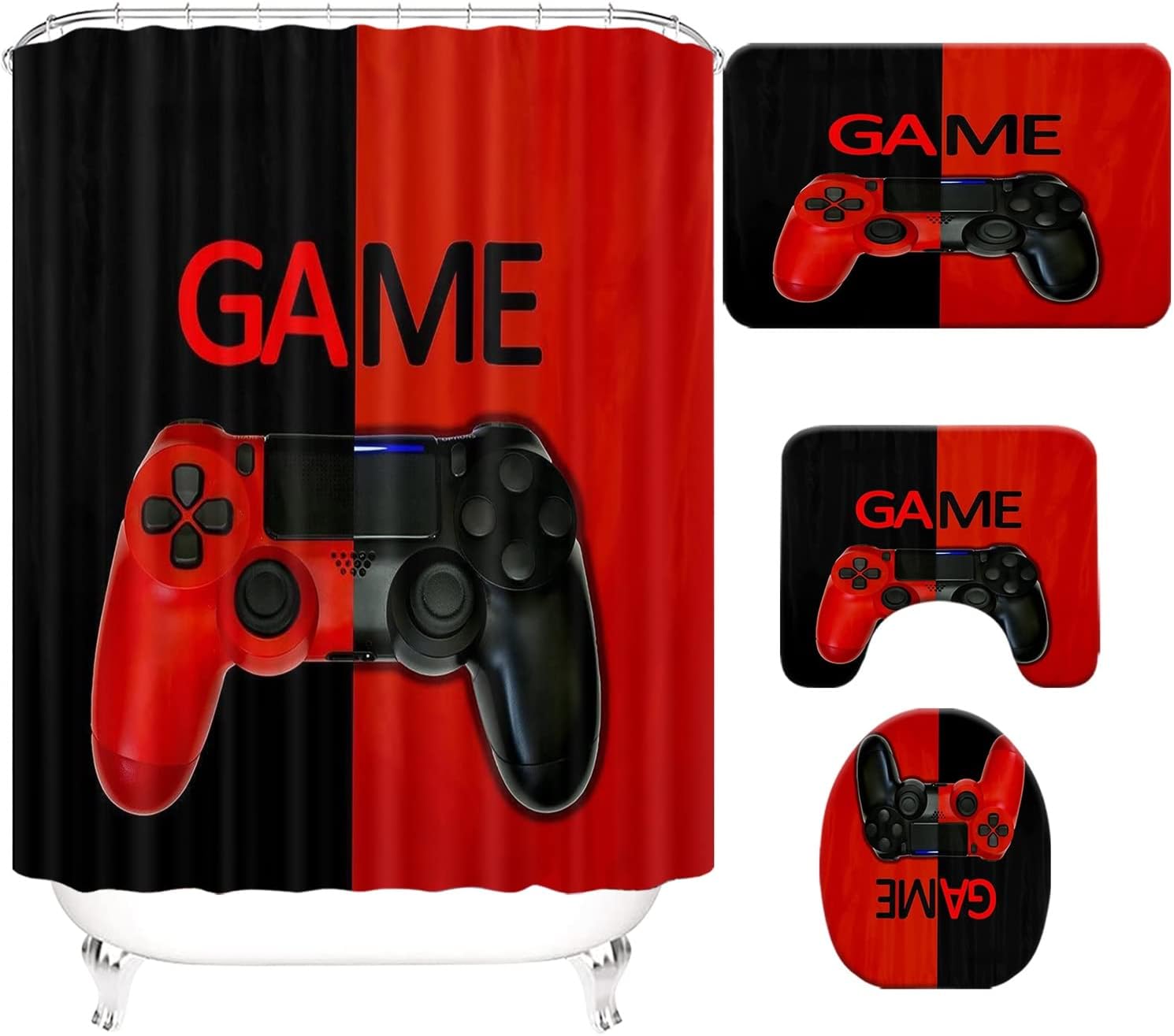 Modern Black and Red Gamepad Shower Curtains Ideas, Waterproof Fabric