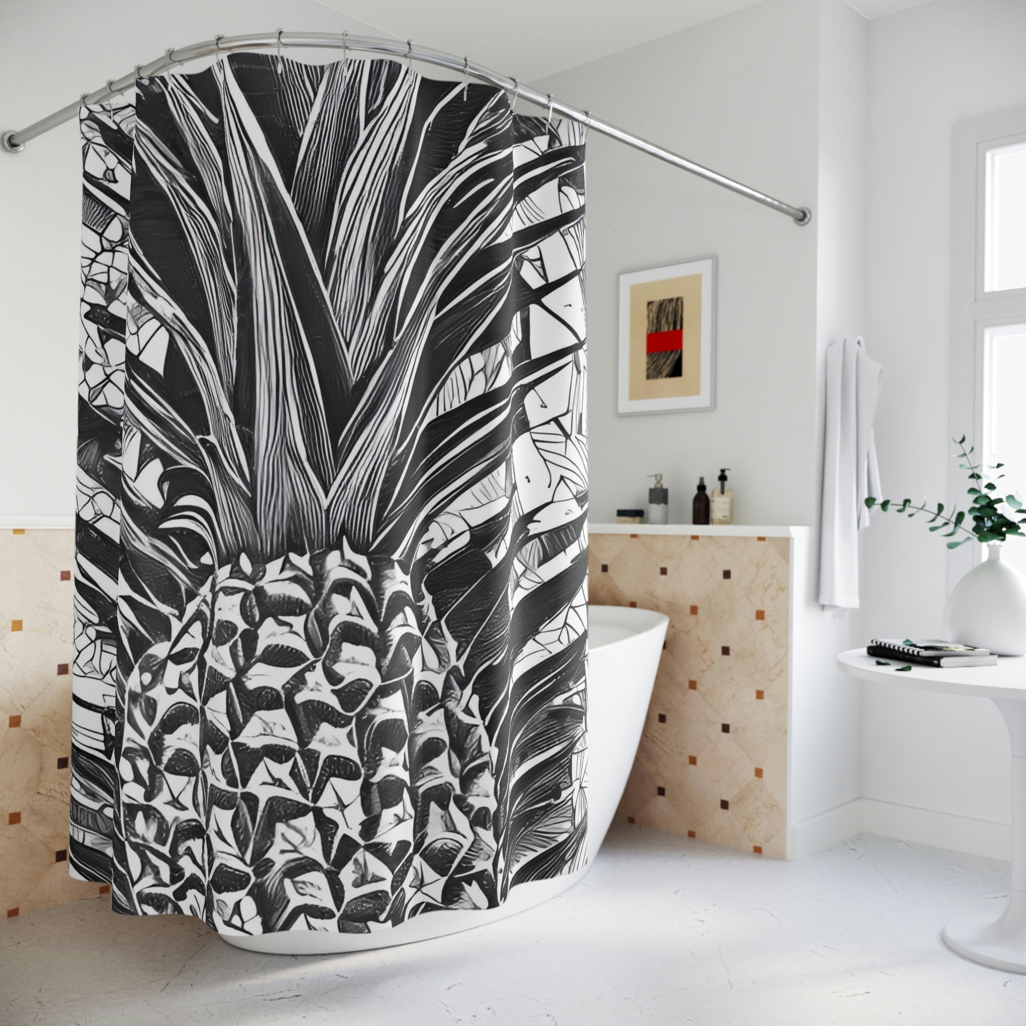 Modern Black and White Hawaiian Pineapple Shower Curtain
