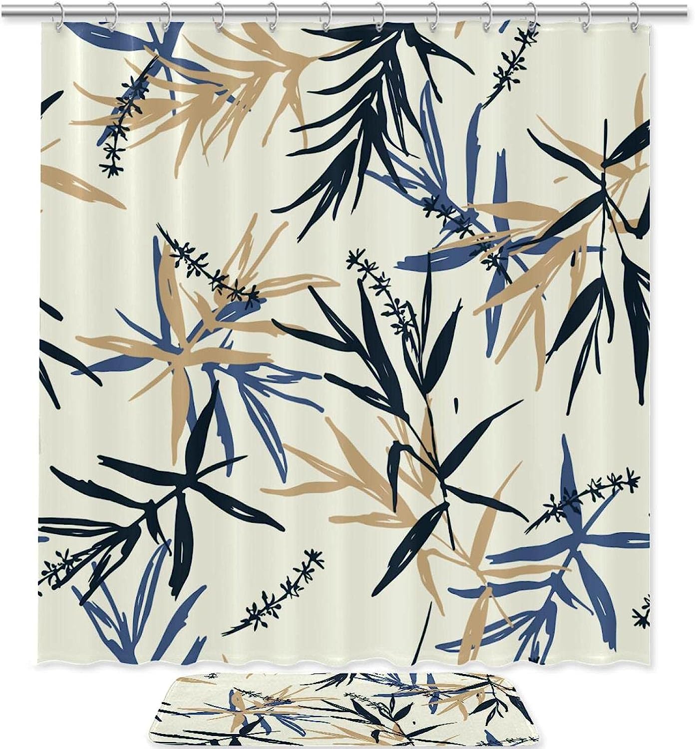 Modern Blue And Beige Bamboo Leaves Shower Curtain With Double Glide Hooks And Waterproof Fabric