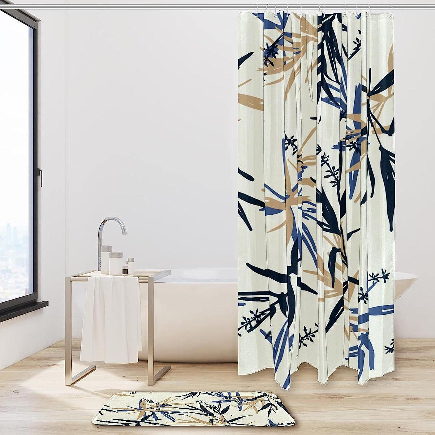 Modern Blue And Beige Bamboo Leaves Shower Curtain With Double Glide Hooks And Waterproof Fabric - Image 2