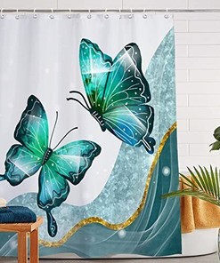 Modern Blue Butterfly Shower Curtain Set With White Bathroom Curtains For Home Decor
