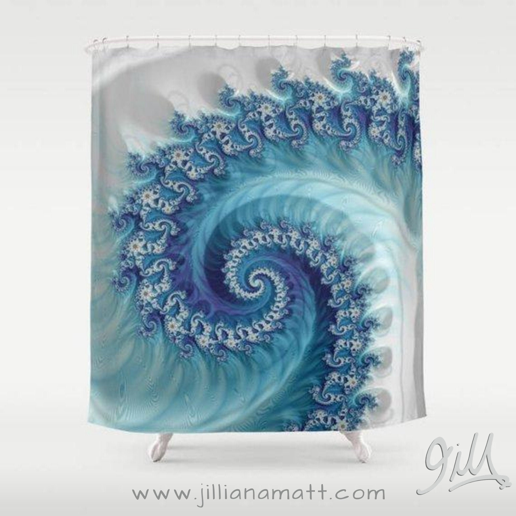 Modern Blue Geometric Design Shower Curtain With White And Blue Spiral Pattern