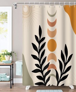 Modern Bohemian Shower Curtain with Eucalyptus Leaves and Moon Phase Design for Bathroom Decor