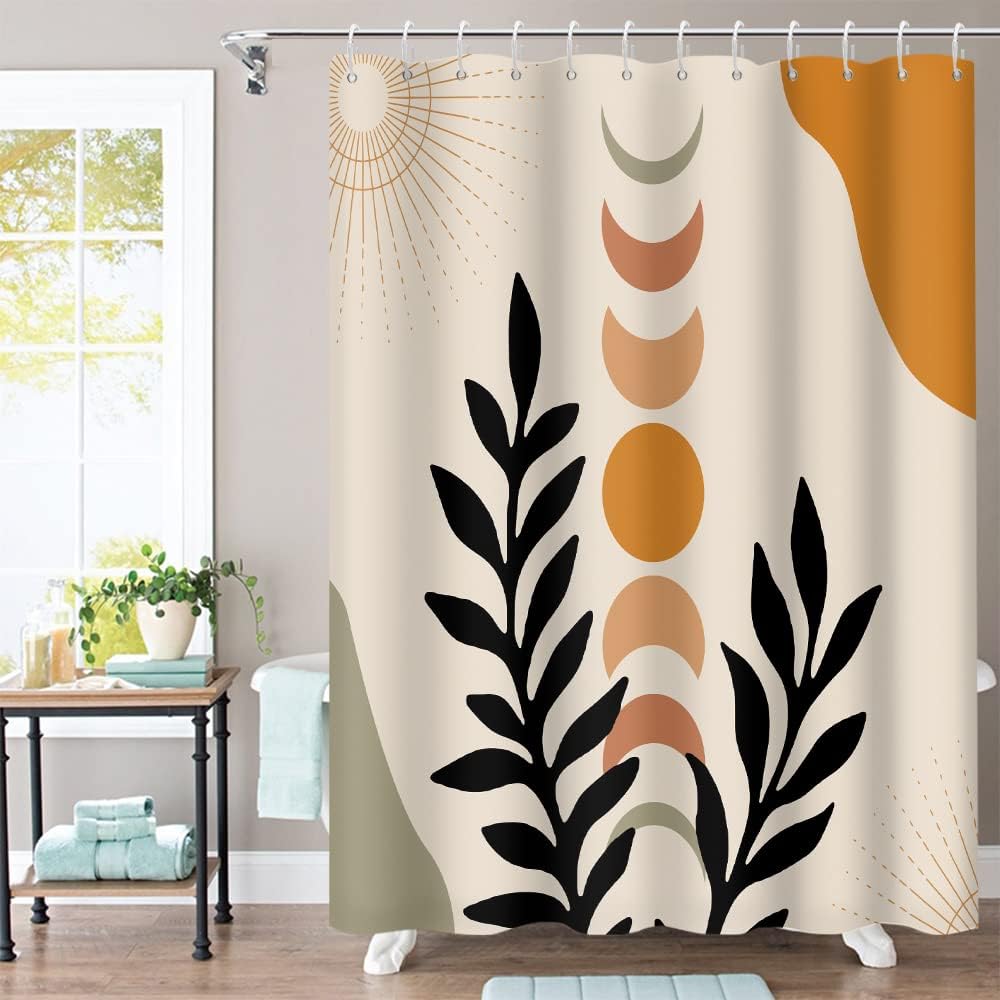 Modern Bohemian Shower Curtain with Eucalyptus Leaves and Moon Phase Design for Bathroom Decor