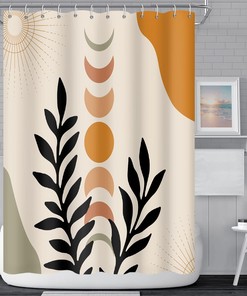 Modern Bohemian Shower Curtain with Eucalyptus Leaves and Moon Phase Design for Bathroom Decor