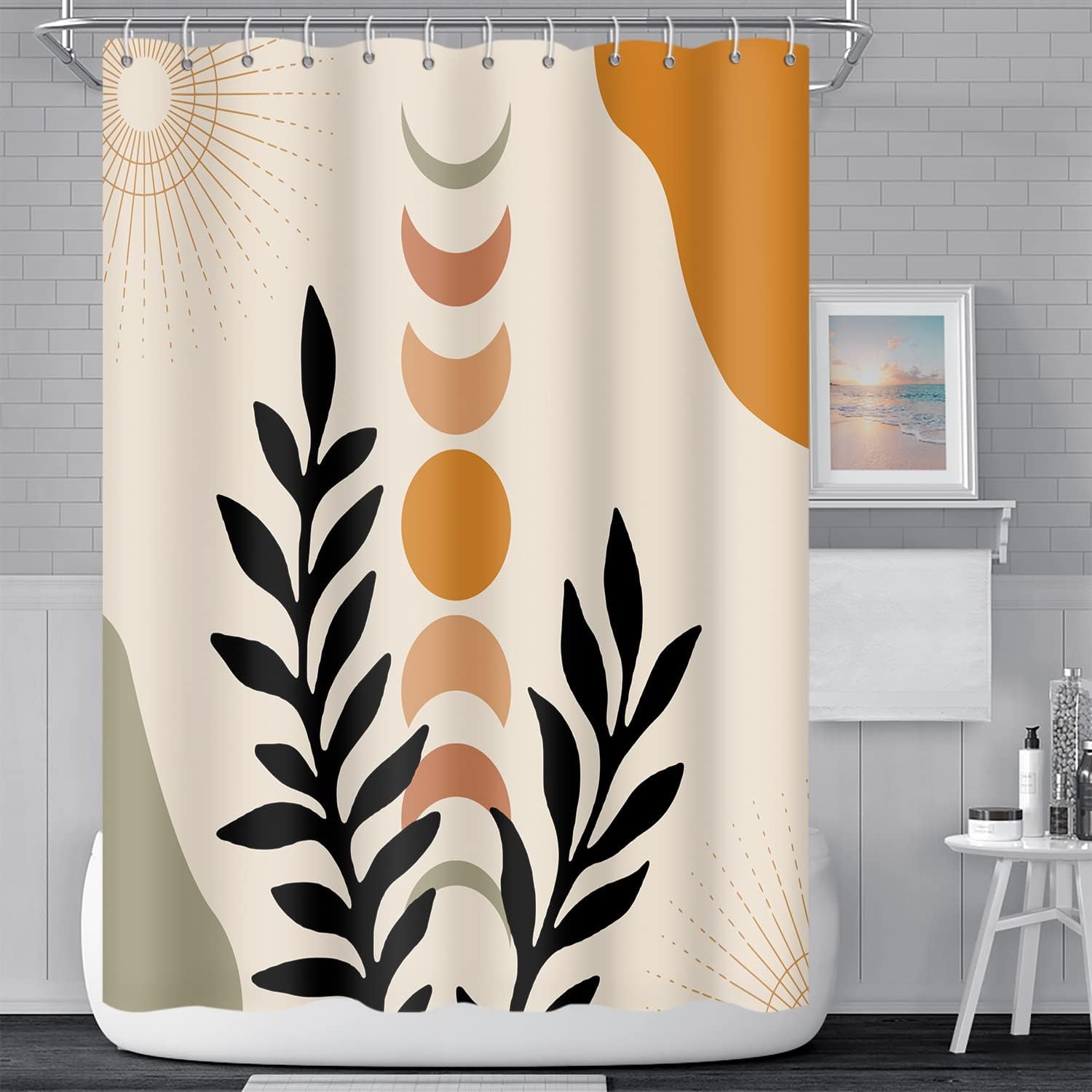 Modern Bohemian Shower Curtain with Eucalyptus Leaves and Moon Phase Design for Bathroom Decor